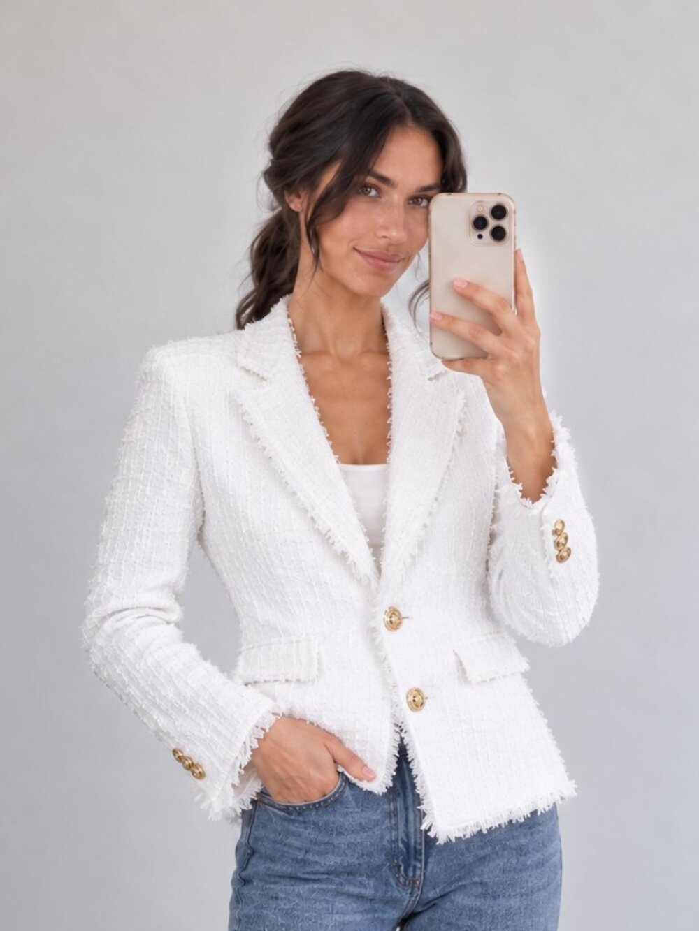 The Noli Shop Giselle White Tweed Blazer Gold Buttons NWOT